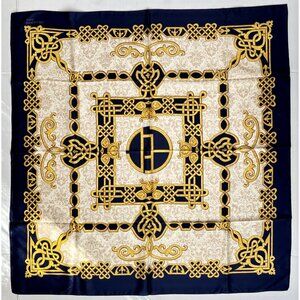 Vintage Gil De Losne Paris/ Italy Square Scarf Ornate Blue Gold Design
